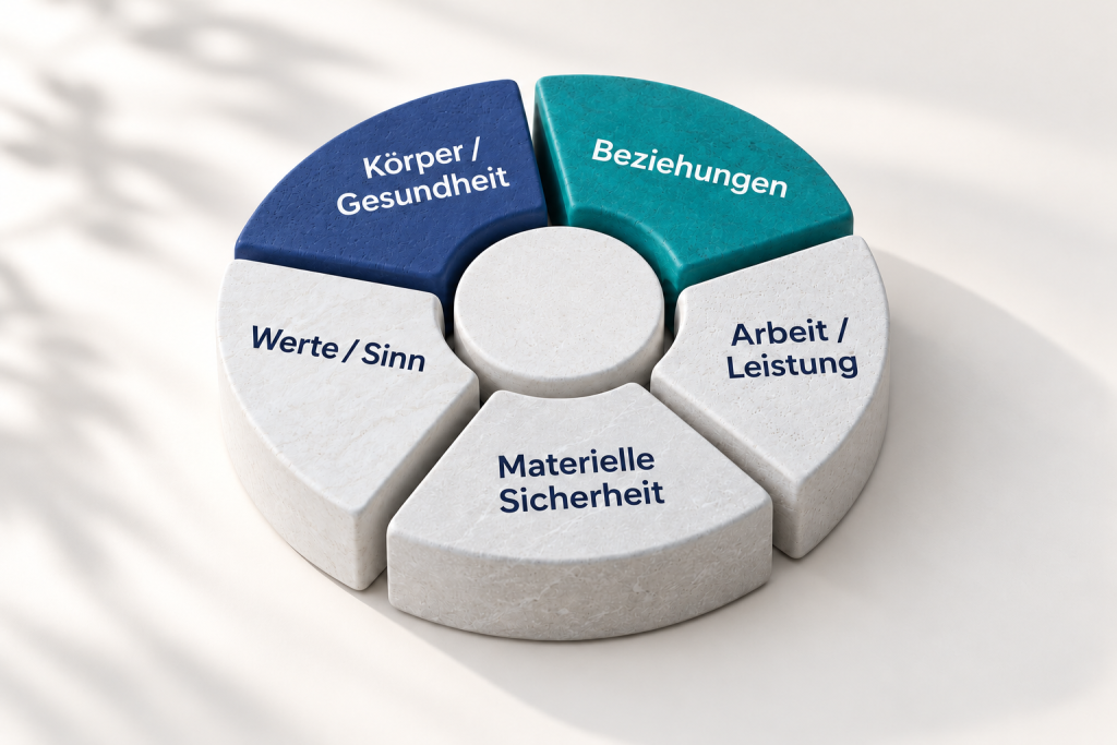 Lebenskompass mit fünf Bereichen: Körper und Gesundheit, Beziehungen, Arbeit und Leistung, materielle Sicherheit sowie Werte und Sinn.